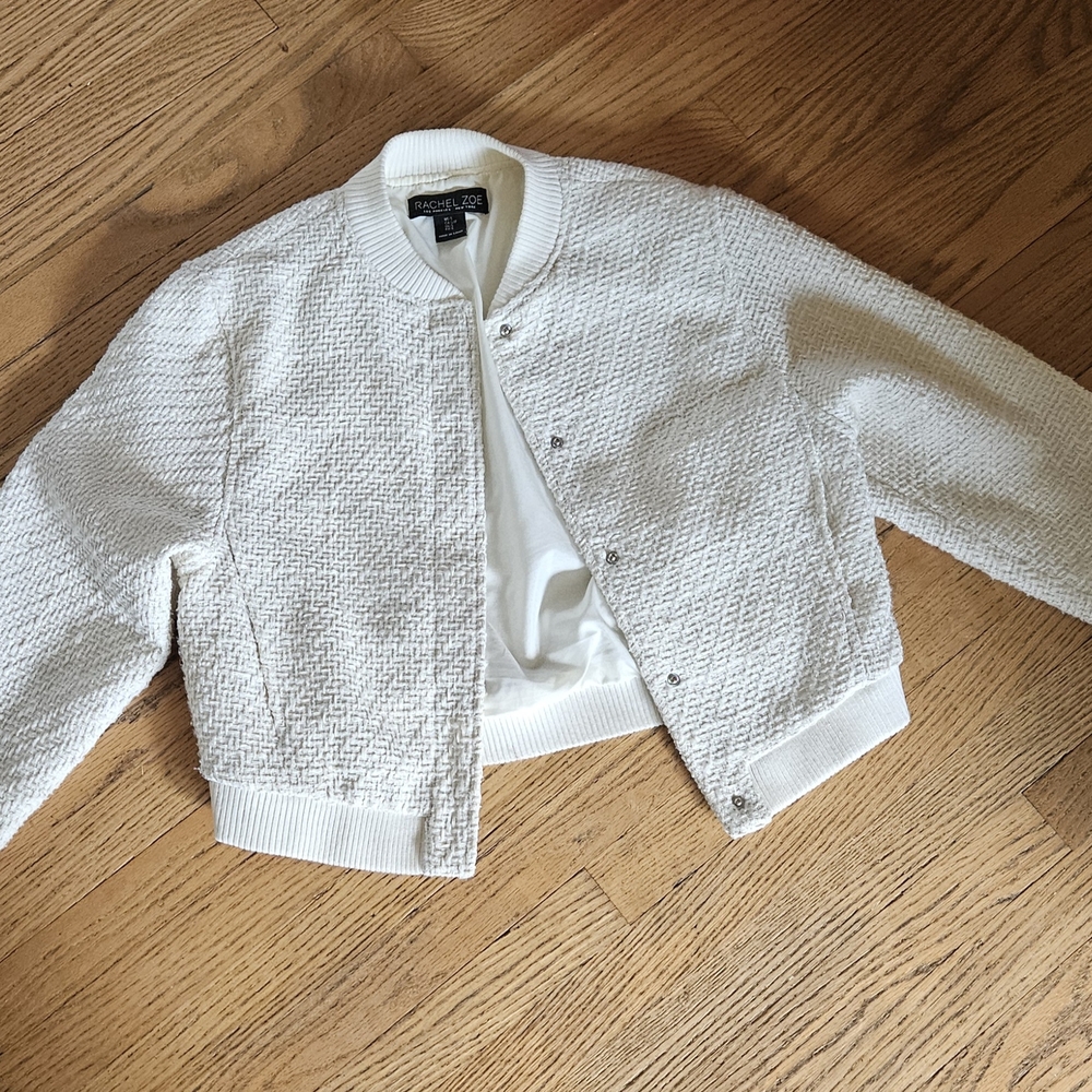 Rachel Zoe White Textured Bomber Jacket